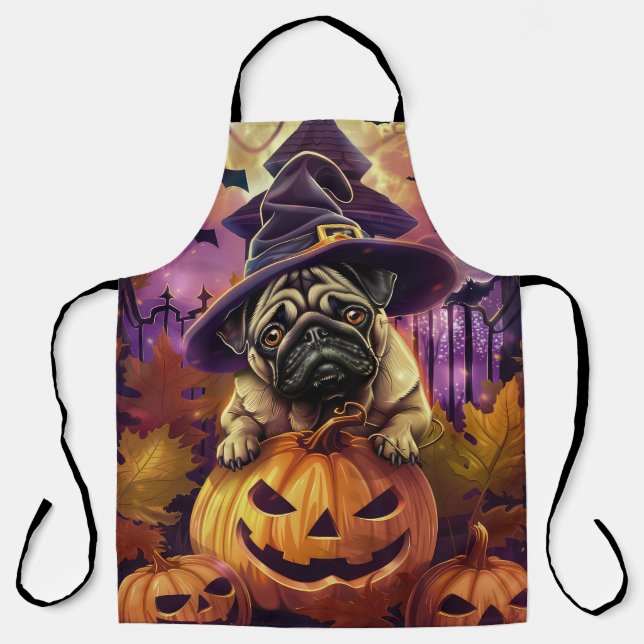 Spooky Pug Dog Halloween Witch And Pumpkin Apron (Front)