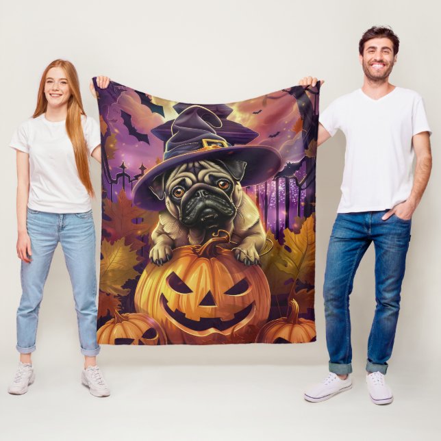Spooky Pug Dog Halloween Witch And Pumpkin Fleece Blanket (In Situ)