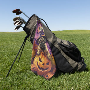 Spooky Pug Dog Halloween Witch And Pumpkin Golf Towel