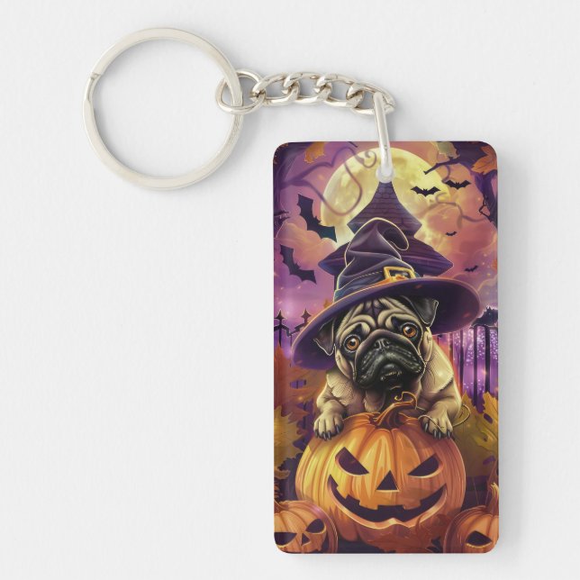Spooky Pug Dog Halloween Witch And Pumpkin Key Ring (Front)