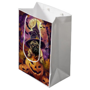Spooky Pug Dog Halloween Witch And Pumpkin Medium Gift Bag