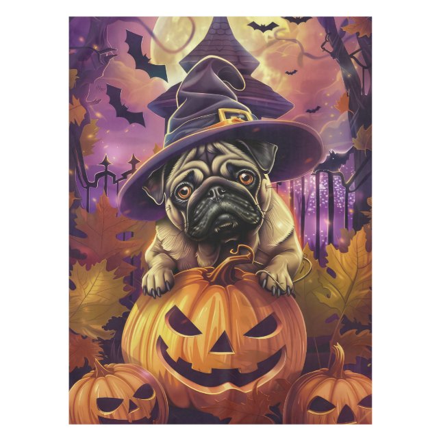 Spooky Pug Dog Halloween Witch And Pumpkin Tablecloth (Front)