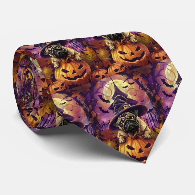 Spooky Pug Dog Halloween Witch And Pumpkin Tie (Rolled)