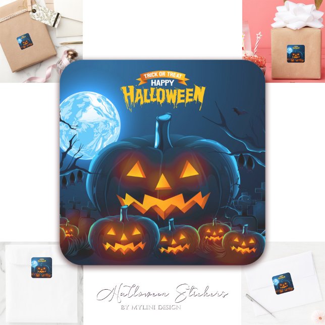  Spooky Pumphins Bats Full Moon Happy Halloween Square Sticker (Creator Uploaded)