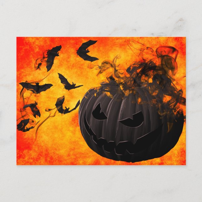 Spooky pumpkin and bats illustration postcard (Front)