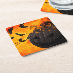 Spooky pumpkin and bats illustration square paper coaster
