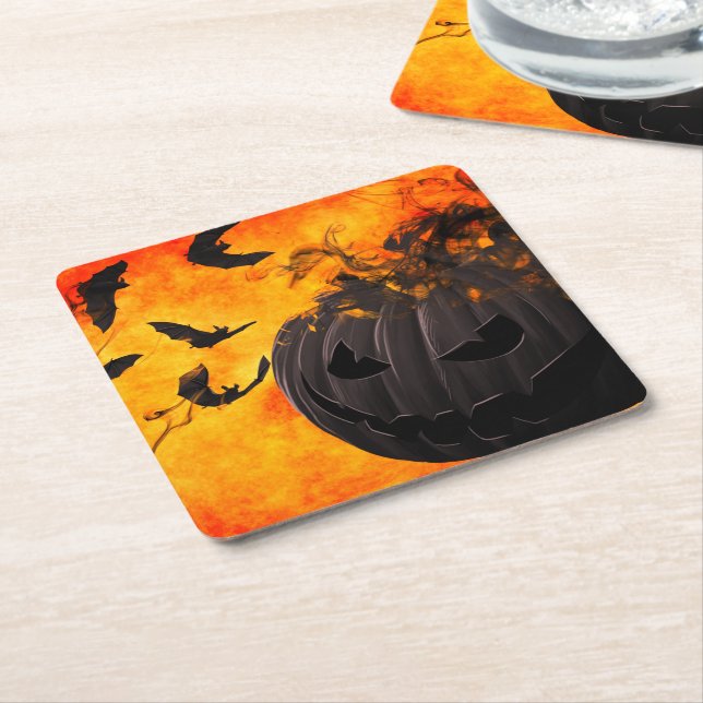 Spooky pumpkin and bats illustration square paper coaster (Angled)