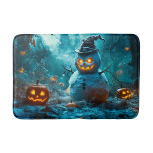 Spooky Pumpkin and Snowman, Forest Halloween Scene Bath Mat