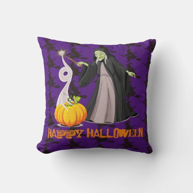 Spooky Pumpkin and Witch Cushion (Front)