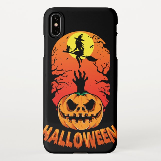 Spooky Pumpkin and Witch Flying Broom against Moon iPhone Case (Back)