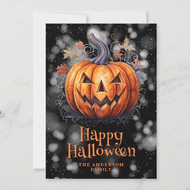 Spooky Pumpkin Autumn Leaves Happy Halloween Card (Front)