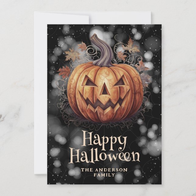 Spooky Pumpkin Autumn Leaves Happy Halloween Card (Front)