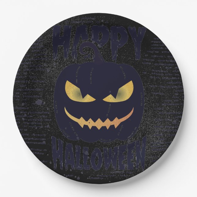 Spooky Pumpkin Black Halloween party Paper Plate (Front)