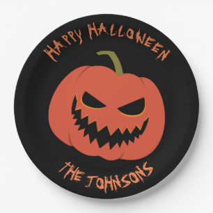 Spooky Pumpkin Black Halloween party your name Paper Plate