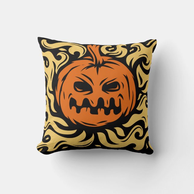 Spooky Pumpkin Burning with black background Cushion (Front)