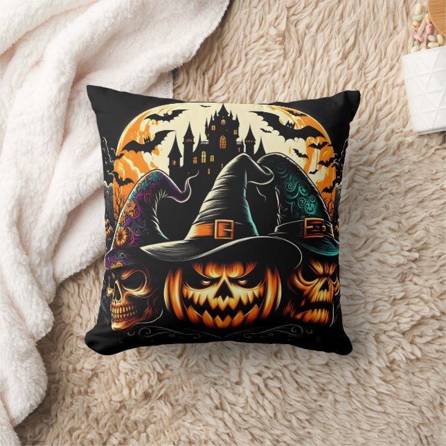 Spooky pumpkin display with witches and a castle cushion (Blanket)