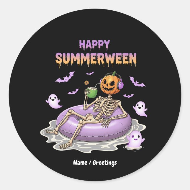 Spooky Pumpkin Faced Skeleton Fun Happy Summerween Classic Round Sticker (Front)