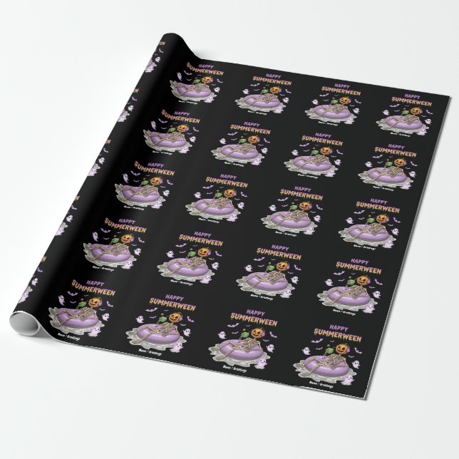 Spooky Pumpkin Faced Skeleton Fun Happy Summerween Wrapping Paper (Unrolled)
