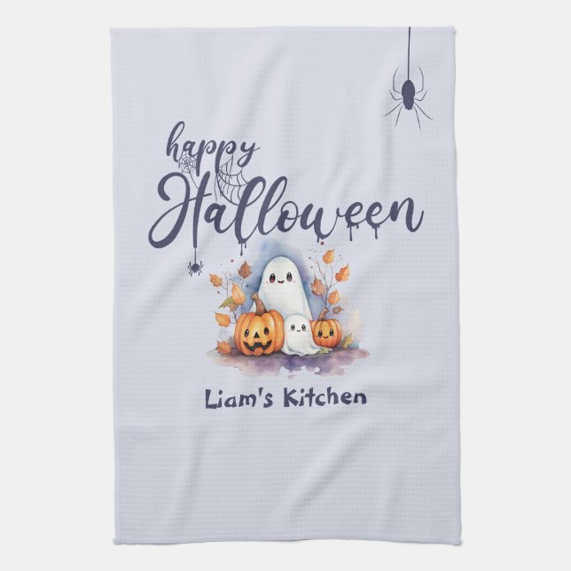 Spooky Pumpkin Ghost Halloween Kitchen Towel (Vertical)