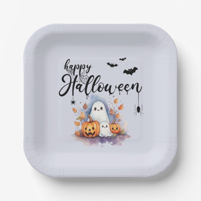 Spooky Pumpkin Ghost Halloween Paper Plates (Front)