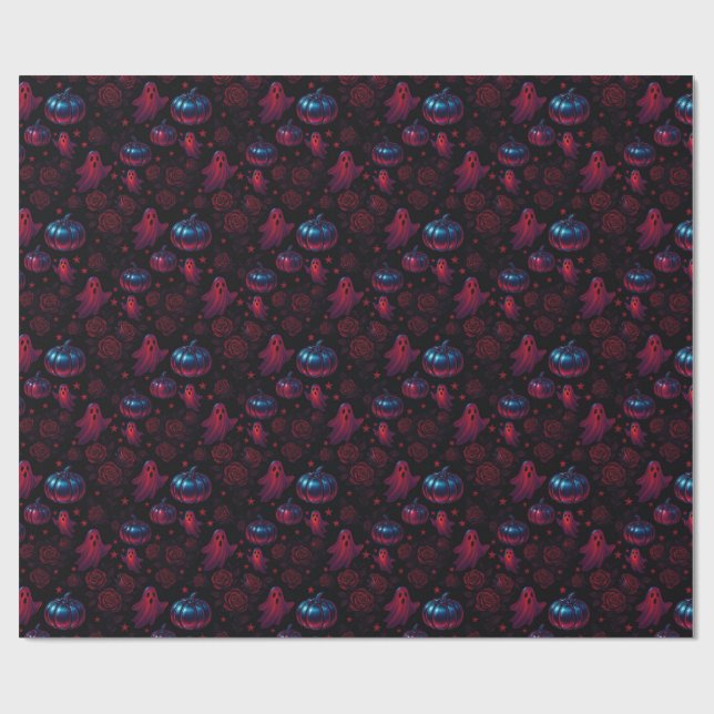Spooky Pumpkin Ghost Pattern Wrapping Paper (Flat)