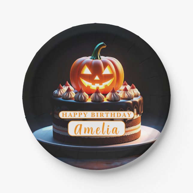 Spooky Pumpkin Halloween Birthday Paper Plate (Front)