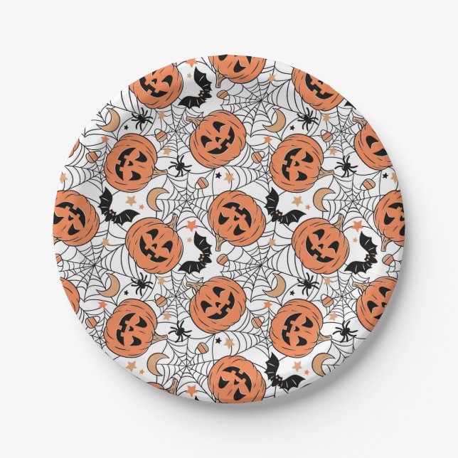 Spooky Pumpkin Halloween Pattern Paper Plate (Front)