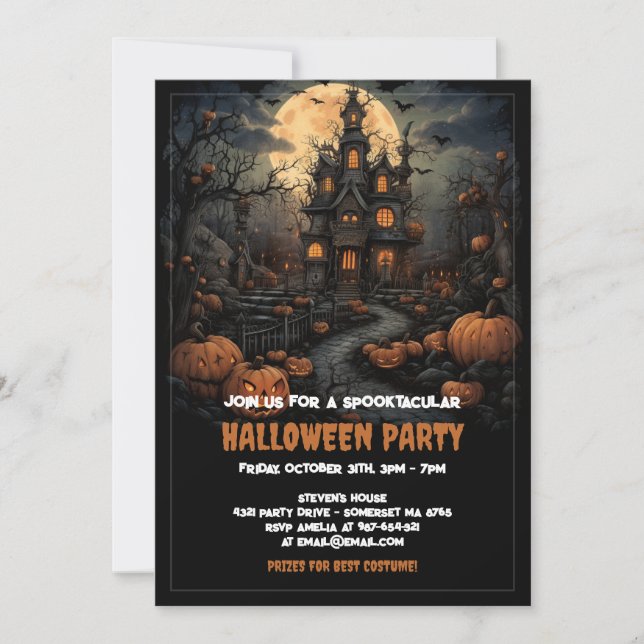 Spooky Pumpkin Halloween With Haunted House & Moon Invitation (Front)