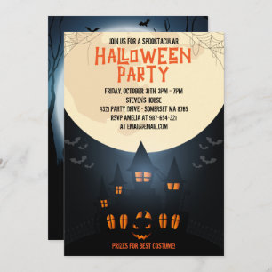 Spooky Pumpkin Halloween With Haunted House & Moon Invitation