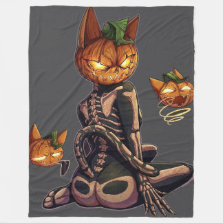 Spooky Pumpkin Head Skeleton Cat Gothic Fleece Blanket