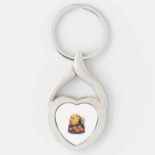 Spooky Pumpkin Patch – Retro Halloween Tee Key Ring (Front)