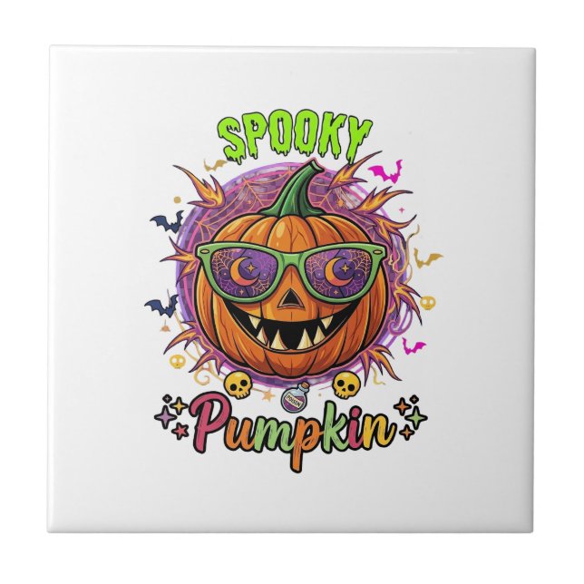 Spooky Pumpkin Sunglasses Moon Cobwebs Skulls Ceramic Tile (Front)