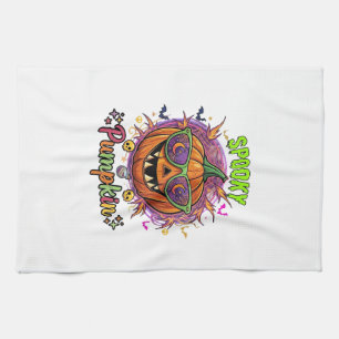 Spooky Pumpkin Sunglasses Moon Cobwebs Skulls Tea Towel