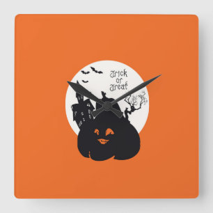 Spooky Pumpkin Trick Or Treat Square Wall Clock