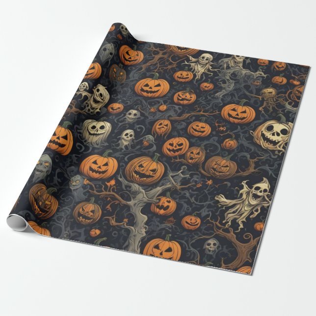 Spooky Pumpkins and Scary Ghosts  Wrapping Paper (Unrolled)