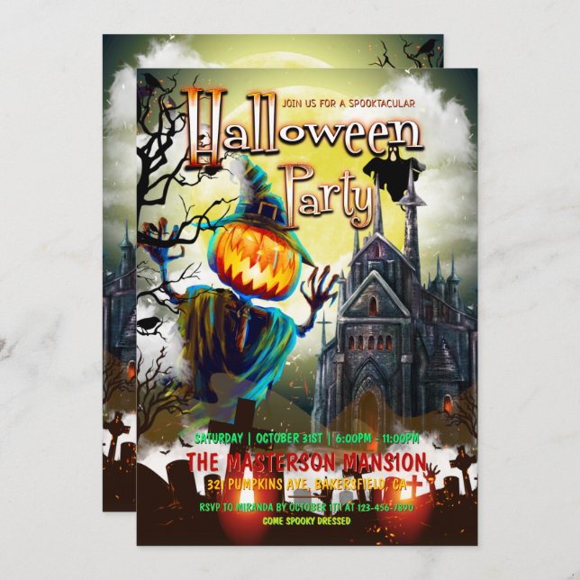 Spooky Pumpkins, Graveyard, Ghost Halloween Party Invitation (Front/Back)