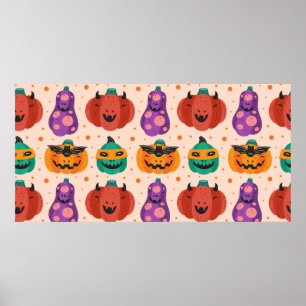 Spooky pumpkins in scary costumes. Happy Halloween Poster
