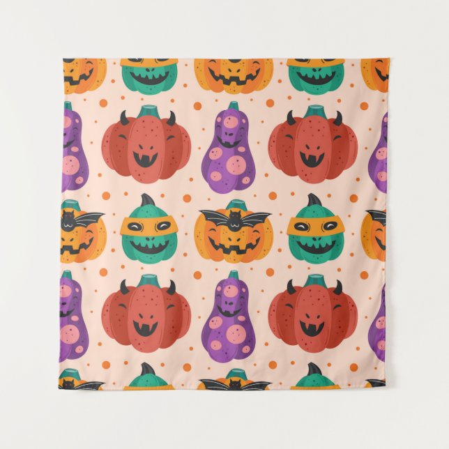Spooky pumpkins in scary costumes. Happy Halloween Tapestry (Front)