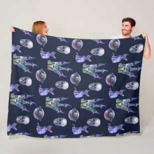 Spooky Purple Cat & Haunted House Halloween Fleece Blanket