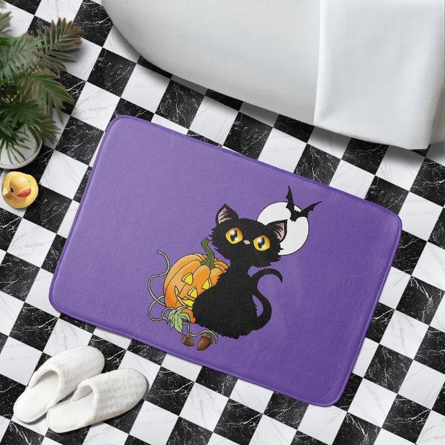 Spooky Purple Cute Black Cat Halloween Pumpkin Bath Mat (Creator Uploaded)