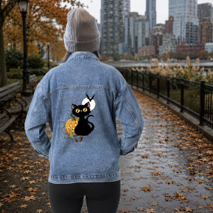 Spooky Purple Cute Black Cat Halloween Pumpkin Denim Jacket