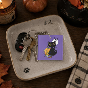 Spooky Purple Cute Black Cat Halloween Pumpkin Key Ring