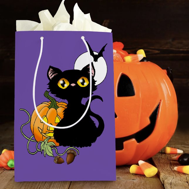 Spooky Purple Cute Black Cat Halloween Pumpkin Medium Gift Bag (Creator Uploaded)