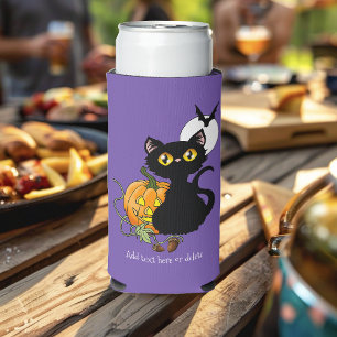 Spooky Purple Cute Black Cat Halloween Pumpkin Seltzer Can Cooler