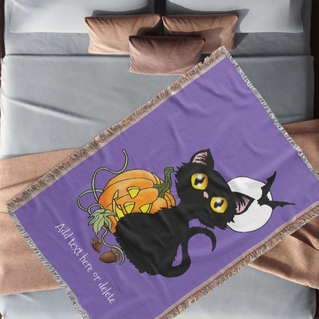 Spooky Purple Cute Black Cat Halloween Pumpkin Throw Blanket (Creator Uploaded)