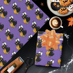 Spooky Purple Cute Black Cat Halloween Pumpkin Wrapping Paper