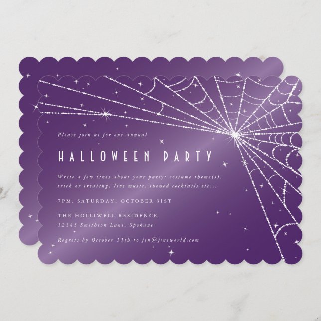 Spooky Purple Diamond Spider Web Halloween Party Invitation (Front/Back)