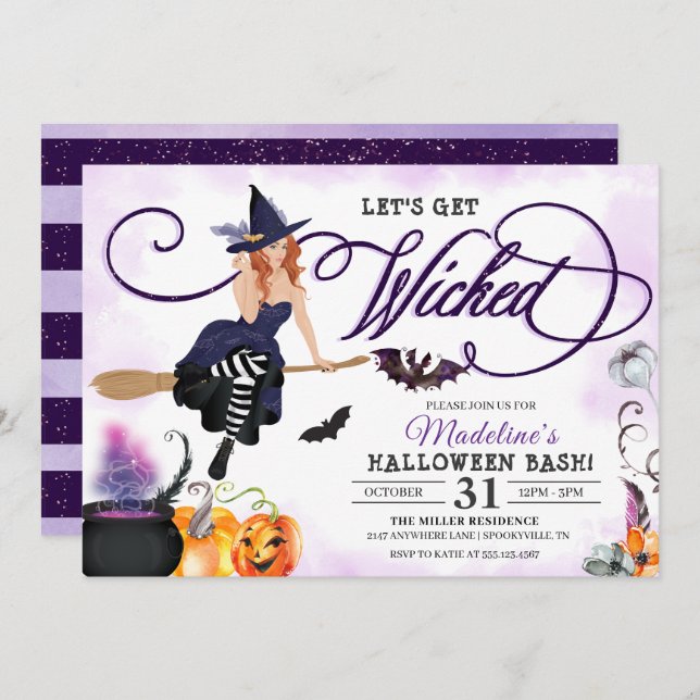 Spooky Purple Flying Witch Halloween Invitation (Front/Back)