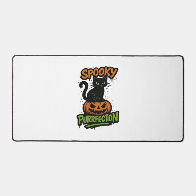 Spooky Purrfection – Cute Black Cat on Pumpkin Hal Desk Mat (Front)