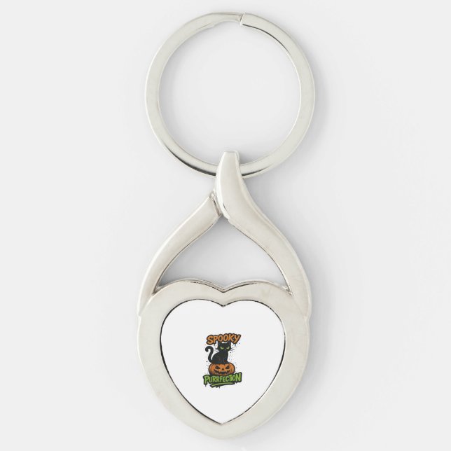 Spooky Purrfection – Cute Black Cat on Pumpkin Hal Key Ring (Front)